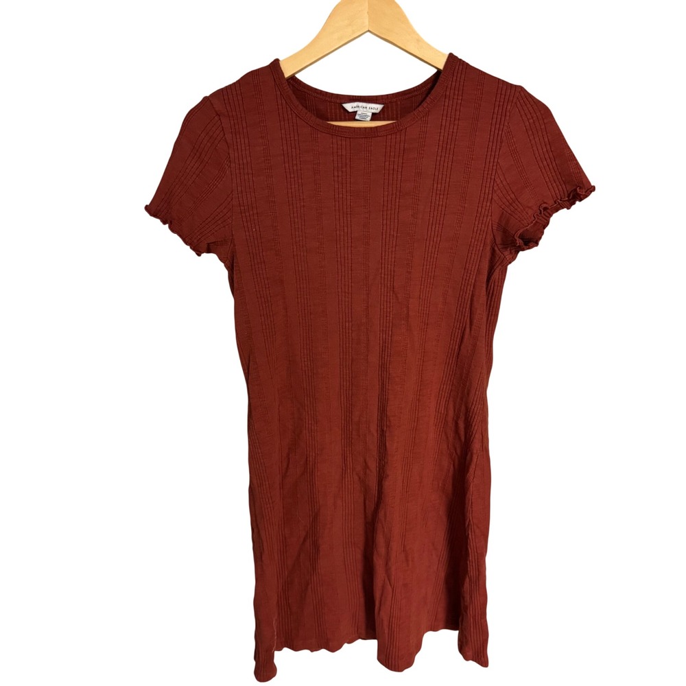 American Eagle Womens Ribbed Short Sleeve Lettuce Edge T-ShirtDress Rust  Medium